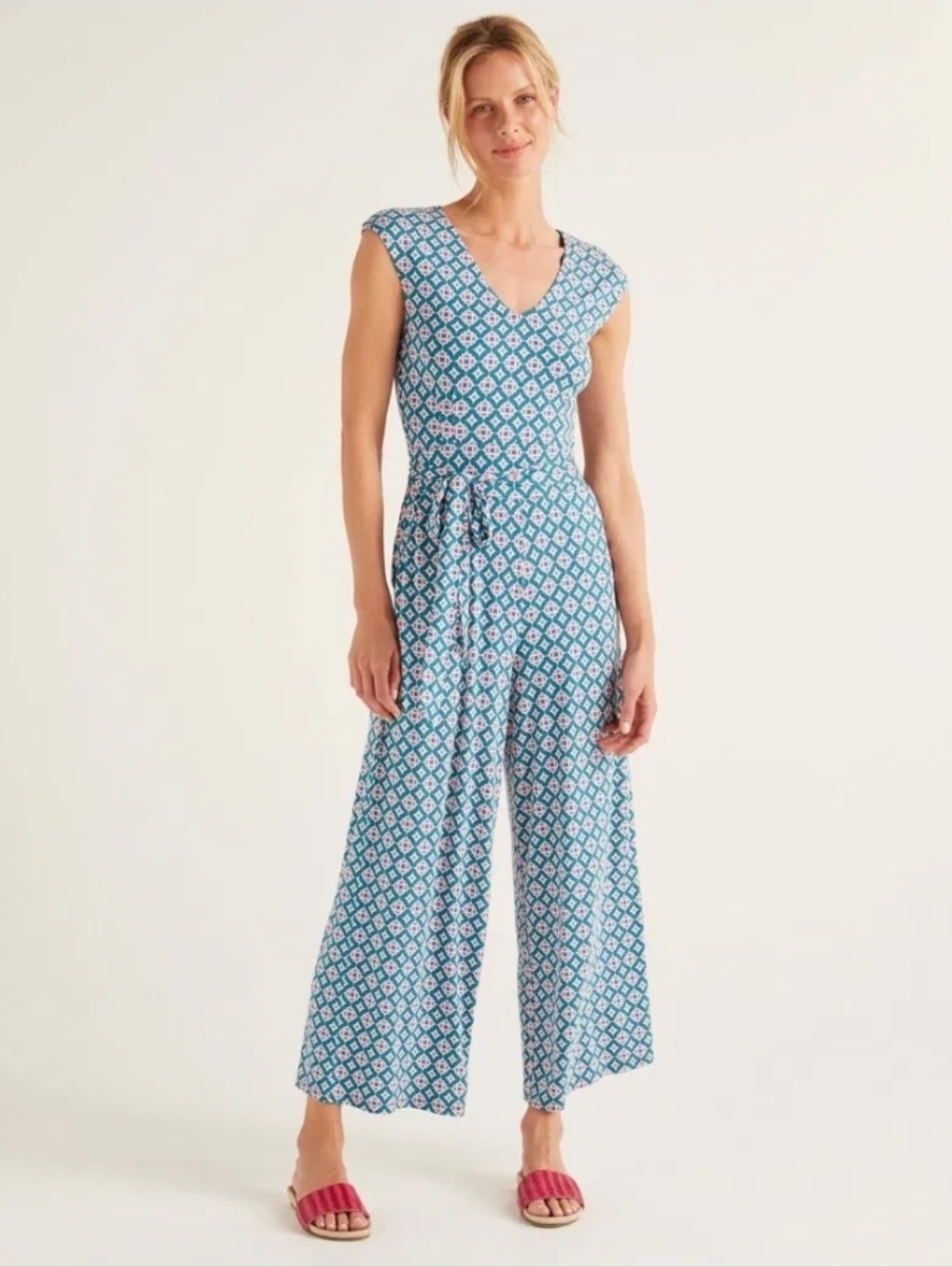 Boden V-Neck Wide-Leg Jersey Jumpsuit in Teal & Pink Print - Size 16/18R - Picture 2 of 15